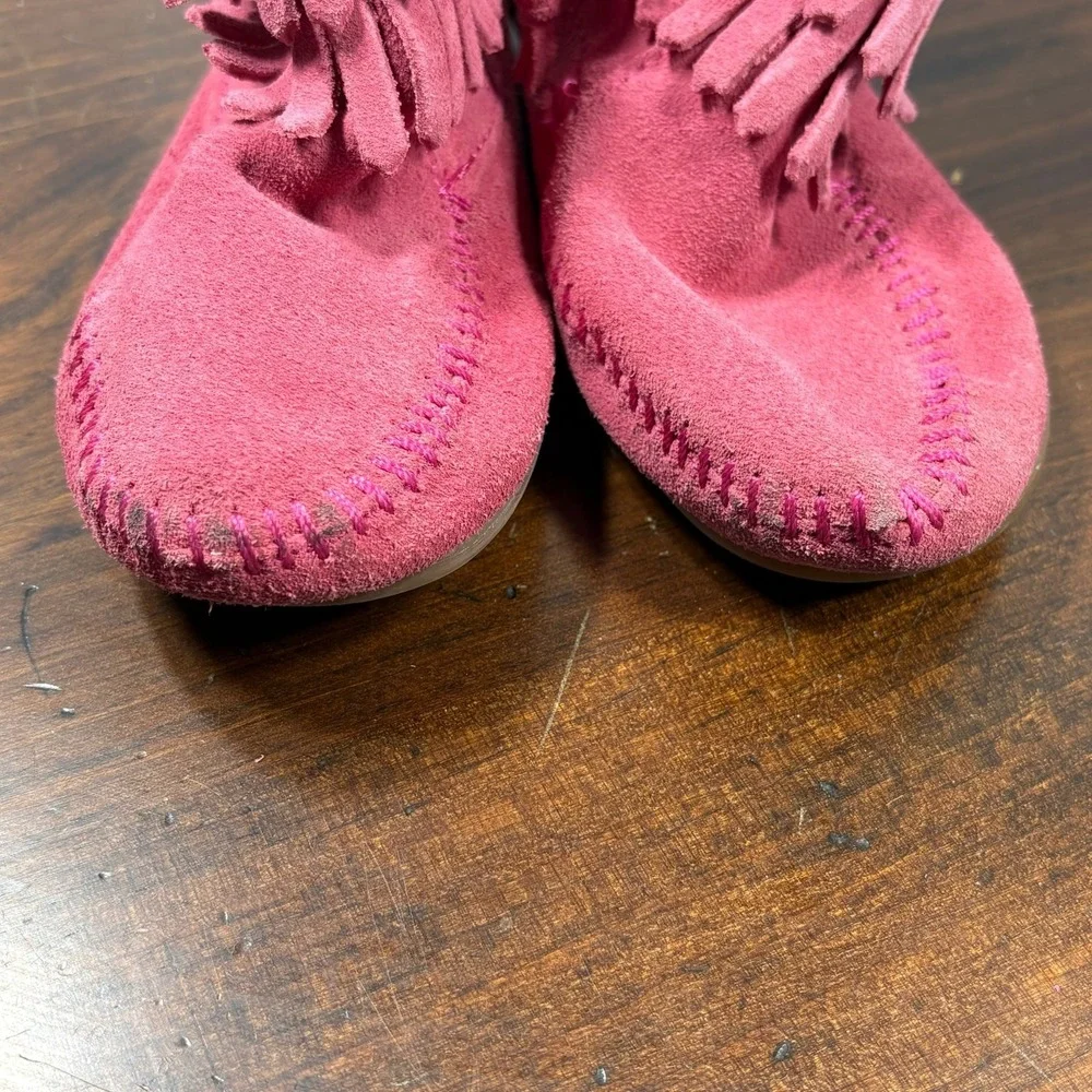 Minnetonka Ankle Boots Girls Size 10 Hot Pink‎ Suede Double Fringe Side Zip 2295